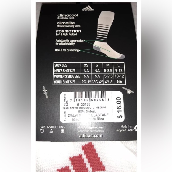 Adidas Team Speed OTC Soccer Socks 1 Pair Men 5-8.5 Women 5-9.5 White Red w Logo - Picture 2 of 7